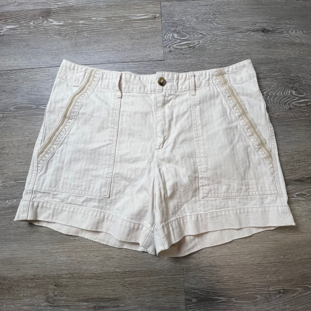 Frye Utility Shorts Womens 31 Cream Herringbone Embroidered Pockets Cotton